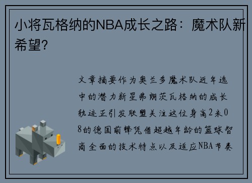 小将瓦格纳的NBA成长之路：魔术队新希望？